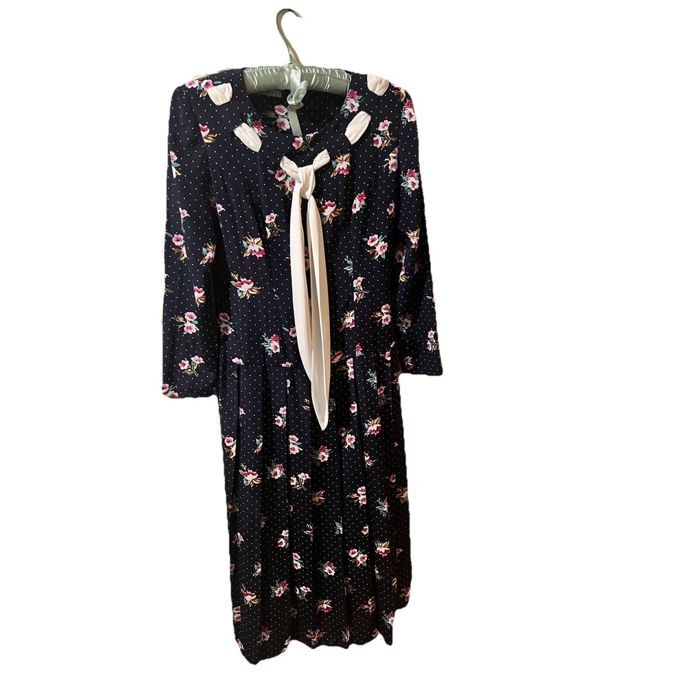 90s Vintage Liz Claiborne Dress SZ 4 Black Floral Maxi Button Front Long Sleeve